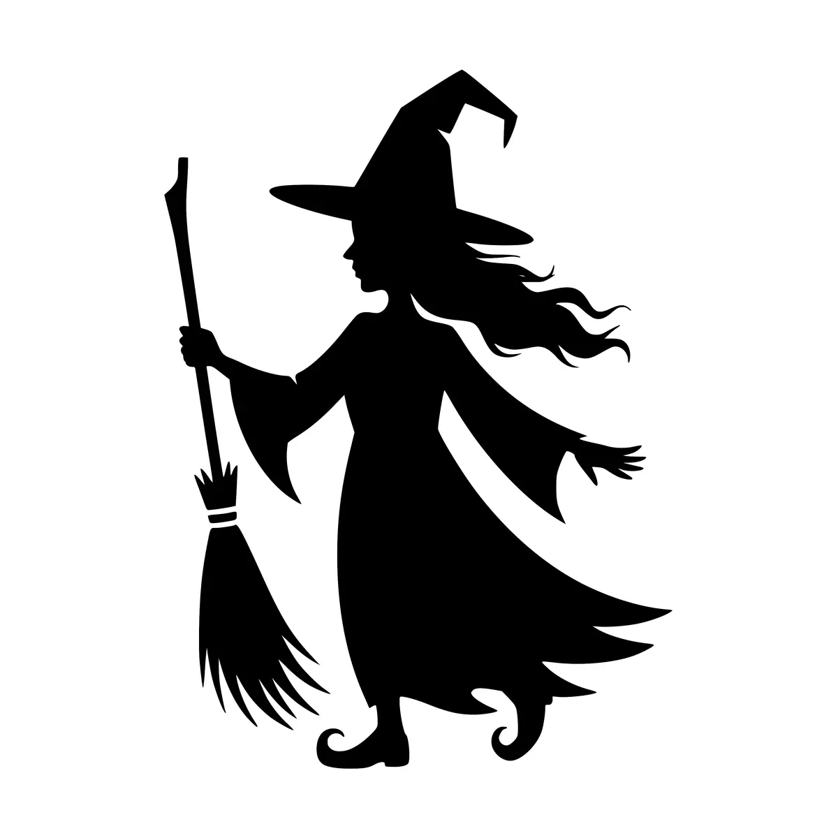 Silhouette of a witch's broomstick, perfect for Halloween designs.