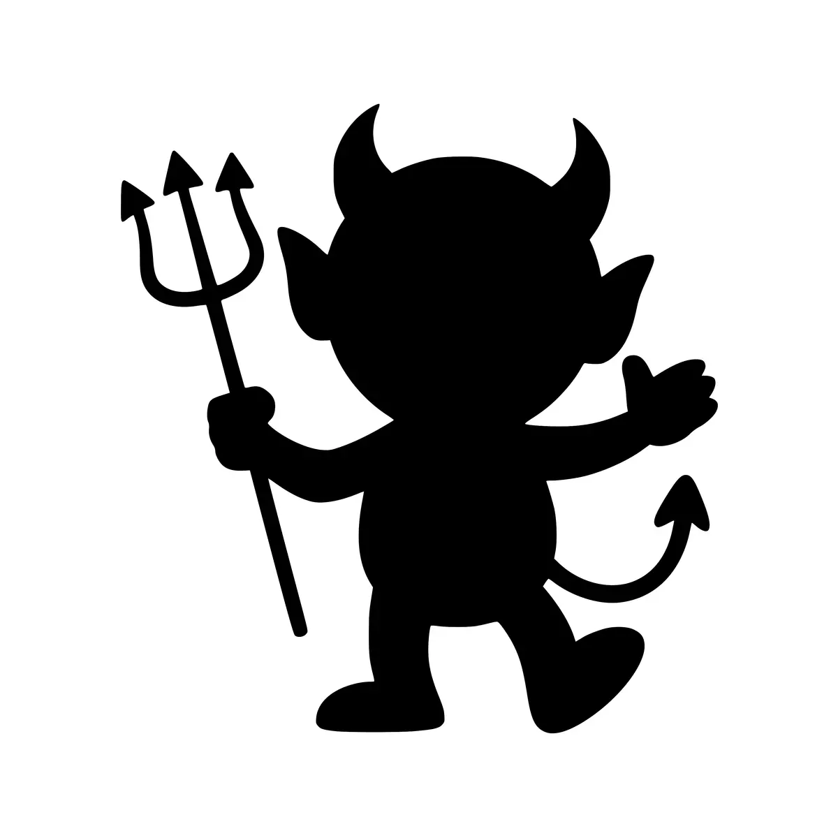 A menacing devil silhouette with horns, tail, and trident.
