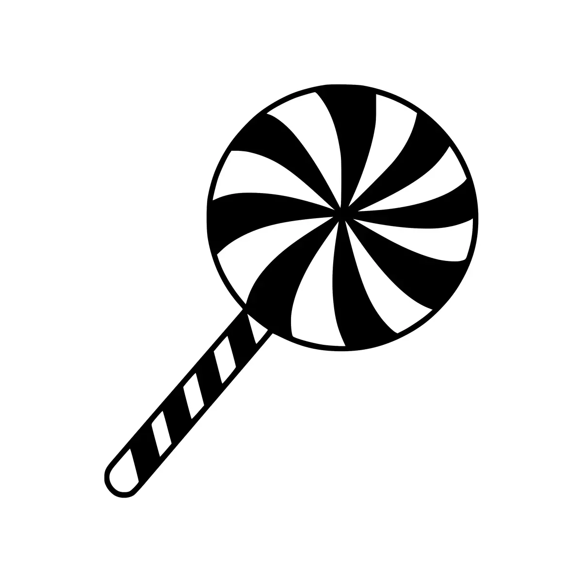 A simple silhouette of a lollipop candy on a stick.