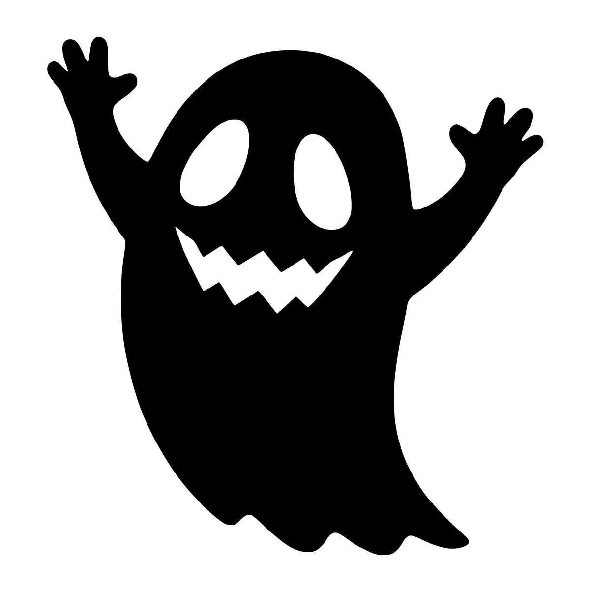 Silhouette of a playful ghost with raised hands, perfect for Halloween designs.