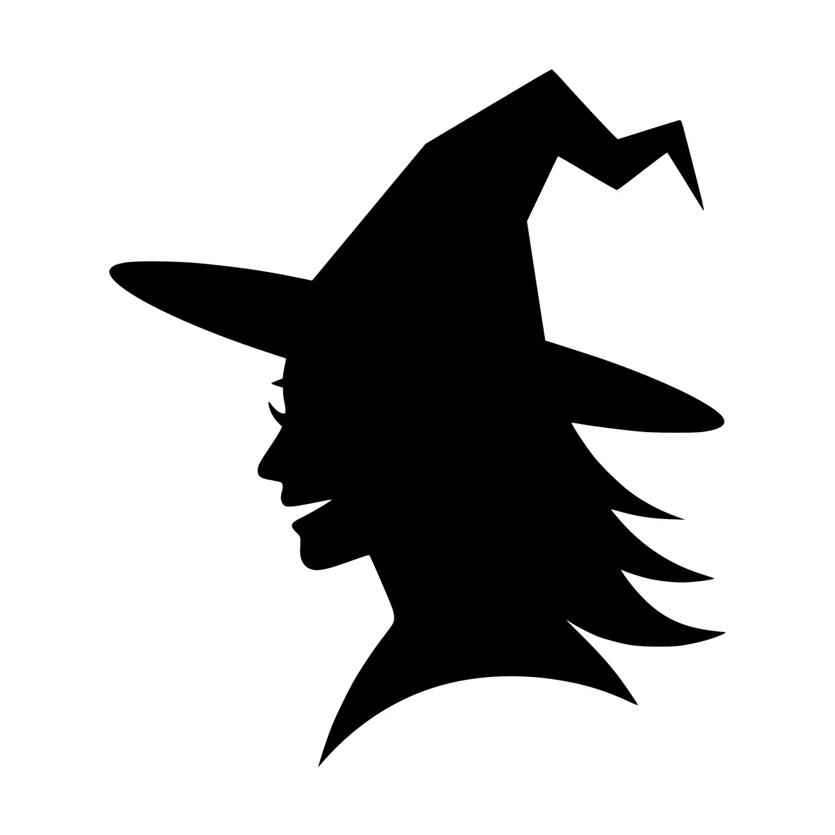 A striking silhouette of a witch's head, perfect for Halloween designs.